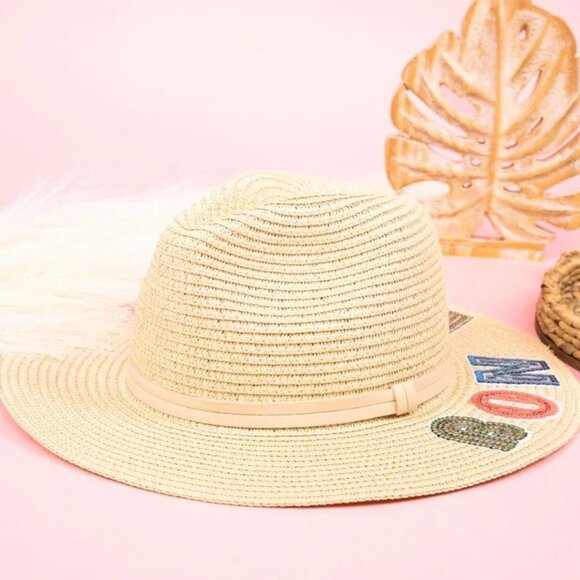 Bon Voyage Sequin Natural Paper Straw Fedora Panama Sun Hat NWT - Picture 2 of 4